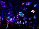 Fluoreszierende Kunstwerke in Bäumen bei Nacht.