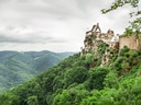 Historische Burg auf einem bewaldeten Hügel mit Talblick.