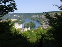 Flusslandschaft mit Schlossruine und Bäumen im Vordergrund.