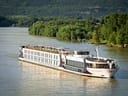 Grosses weisses Flussschiff auf einem breiten Fluss mit Bäumen im Hintergrund.