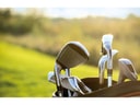 Golfschläger in einer Golftasche auf einem Feld.