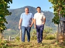 Zwei Männer gehen auf einem von Weinreben gesäumten Weg.