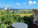 Strandkorb und Tisch mit Blick auf Radfahrer am Meer.
