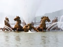 Brunnen mit Pferdeskulpturen und Wasserfontänen.