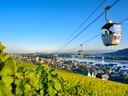 Landschaft mit Seilbahn über Weinbergen und Fluss, Stadt im Hintergrund.