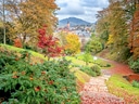 Herbstlandschaft mit Blick auf Stadt und Hügel im Hintergrund.