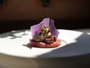 Gourmetgericht mit violettem Dekor auf weissem Teller.