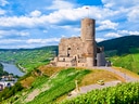 Burg auf Hügel mit Fluss und Weinbergen im Hintergrund.