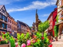 Malerische Altstadt mit Fachwerkhäusern und Blumen.