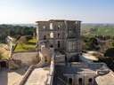 Luftaufnahme einer historischen Burg vor einer Landschaft.