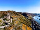 Luftaufnahme einer Burg mit Weinbergen und Fluss.