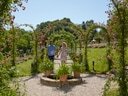 Paar im Rosengarten geht unter Blumenbögen spazieren.