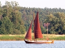 Segelboot auf einem See vor bewaldeter Kulisse.