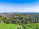 Panoramablick auf eine Stadt mit grüner Landschaft und klarem Himmel.