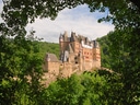 Mittelalterliche Burg im Grünen, umrahmt von Bäumen.