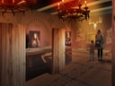Museumsausstellung mit Holzsäulen und Besuchern.