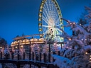Beleuchtetes Riesenrad im verschneiten Winterpark bei Nacht.