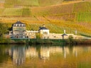 Gebäude am Fluss mit umliegenden Weinbergen.