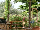 Gartenpergola mit Tisch, Stühlen und blühenden Pflanzen.
