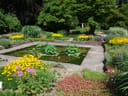 Garten mit Teich und bunten Blumen, umgeben von üppigem Grün.