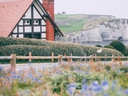 Haus im Landhausstil neben einem blühenden Feld mit Küste im Hintergrund.