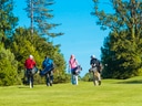 Vier Personen mit Golftaschen gehen auf einem grünen Golfplatz.