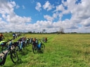 Fahrräder neben Weg durch grüne Wiese unter bewölktem Himmel.