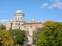Historische Kirche mit grüner Kuppel hinter Bäumen.