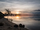 Sonnenuntergang am ruhigen See mit Baum am Ufer.