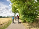 Radfahrer auf einem ländlichen Weg neben Bäumen und Feldern.