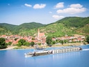Kreuzfahrtschiff auf der Donau vor einer malerischen Stadtlandschaft.