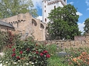 Mittelalterlicher Turm mit Rosen im Vordergrund an einem sonnigen Tag.