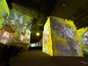Grosse Säulen mit bunten Kunstprojektionen in einer dunklen Halle.