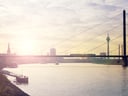 Sonnenuntergang über dem Rhein mit Brücke und Fernsehturm.