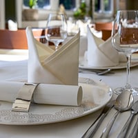 Elegant gedeckter Tisch mit gefalteter Serviette und Glas.