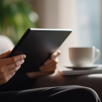 Person hält Tablet neben Tasse auf Tisch in gemütlicher Umgebung.