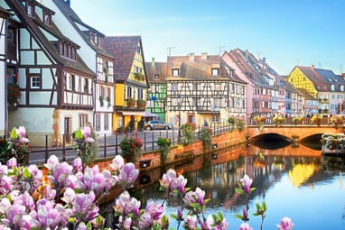 colmar.jpg Malerische Fachwerkhäuser am Fluss mit Brücke und Blumen im Vordergrund.