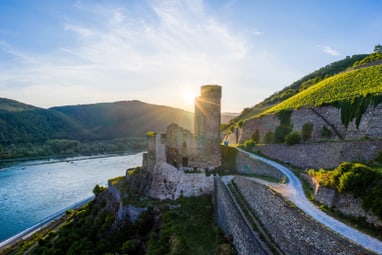 Burgruine am Fluss mit Weinbergen im Sonnenuntergang.