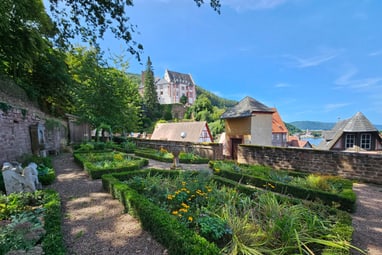Garten mit gepflegten Hecken und blühenden Pflanzen vor einem Schloss auf einem Hügel.