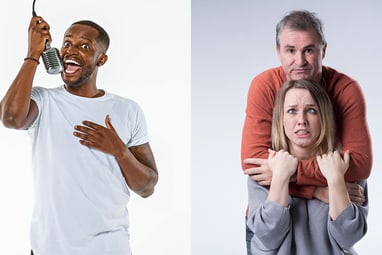 Collage aus einer Person, die in ein Mikrofon singt, und zwei Personen, die posieren.