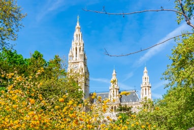 bunte-fruehlingsblumen-und-historische-kulisse-zeigen-wien-v.jpg Historisches Gebäude mit Turm hinter blühenden Bäumen an einem sonnigen Tag.