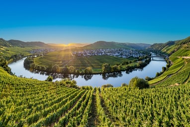 Flusslandschaft mit Weinbergen bei Sonnenuntergang.