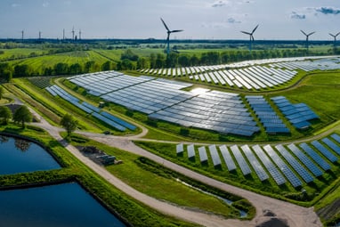 Luftaufnahme einer Solarfarm mit Windkraftanlagen und Teichen in einer grünen Landschaft.