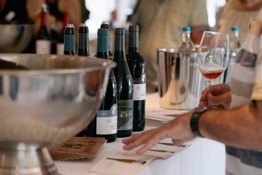 wine-und-dine-auf-dem-rhein-13.jpg Weinverkostung mit Weinflaschen und einem Glas in der Hand einer Person.
