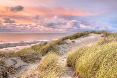 insel-texel.jpg Sanddünen am Strand bei Sonnenuntergang.