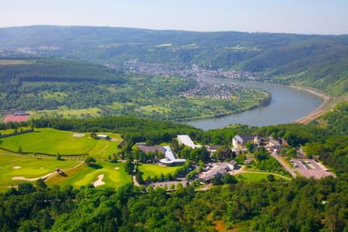 Luftaufnahme von grüner Landschaft mit Fluss und Gebäuden.