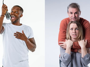 charles-nguela-und-srindlisbachers.png Collage aus einer Person, die in ein Mikrofon singt, und zwei Personen, die posieren.