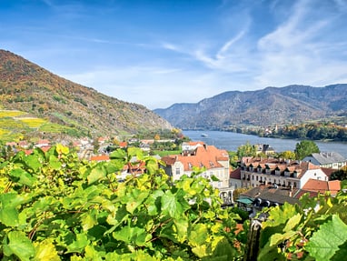 unterwegs-auf-dem-fluss.jpg Panoramablick auf Weinberge, Fluss und Berge.