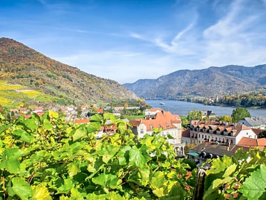unterwegs-auf-dem-fluss.jpg Panoramablick auf Weinberge, Fluss und Berge.