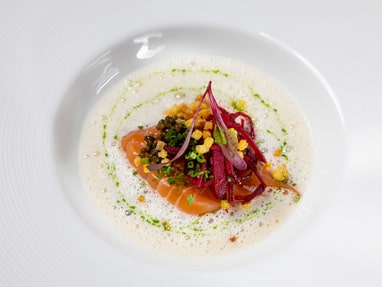 Gourmetgericht mit Lachs und Schaum auf einem Teller angerichtet.